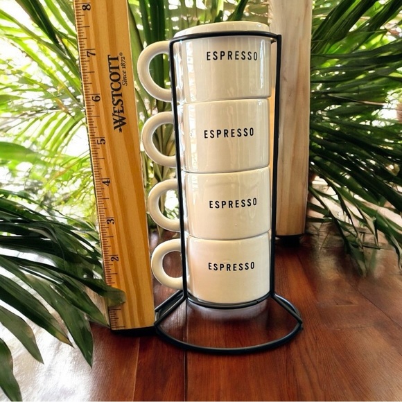 Espresso Cup Set with Stand - White Earthenware, 4 Stackable Mugs - Picture 4 of 11
